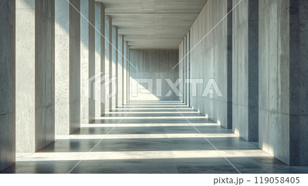 Bright Modern Concrete Hallway with Sunlight and Strong Shadows. Abstract background. Generative AI 119058405
