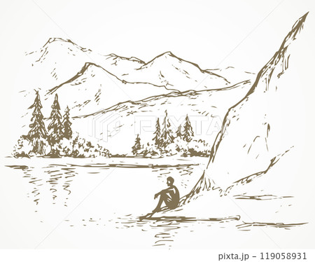 Firs on hill above river. Vector drawing Firs on hill above river. Vector drawing 119058931