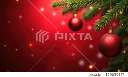 Christmas or New Year red balls toys on fir branches on red festive background with lights bokeh 119059173