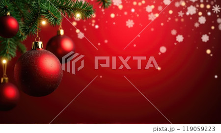 Christmas or New Year red balls toys on fir branches on red festive background with lights bokeh 119059223