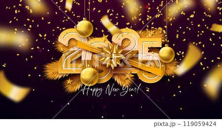 2025 Happy New Year Illustration with Golden Number, Christmas Ornament, Pine Branch and Falling Confetti on Dark Background. Holiday Design with Typography Lettering for Flyer, Banner, Greeting Card 119059424