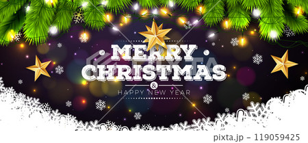 Merry Christmas and Happy New Year Illustration with Gold Glass Ball, Star and Lights Garland on Shiny Background. Vector Holiday Season Banner Design for Greeting Card, Party Flyer, Celebration Merry Christmas and Happy New Year Illustration with Gold Glass Ball, Star and Lights Garland on Shiny Background. Vector Holiday Season Banner Design for Greeting Card, Party Flyer, Celebration 119059425