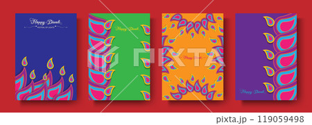 Happy Diwali Festival of Lights India Celebration set colorful template. Vertical banner design of Indian Diya Oil Lamps. of Indian Rangoli art style flowers design, vector cards paper cut background Happy Diwali Festival of Lights India Celebration set colorful template. Vertical banner design of Indian Diya Oil Lamps. of Indian Rangoli art style flowers design, vector cards paper cut background 119059498