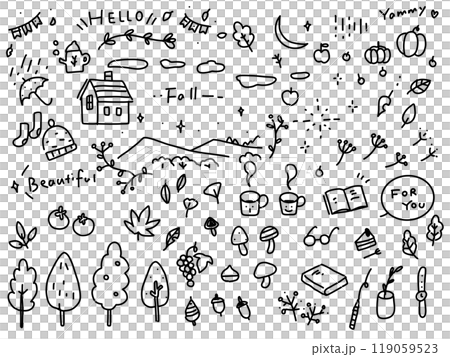 秋ーかわいい落書きー見出しの手描きシンプル線画白黒ベクターイラストセット素材 秋ーかわいい落書きー見出しの手描きシンプル線画白黒ベクターイラストセット素材 119059523