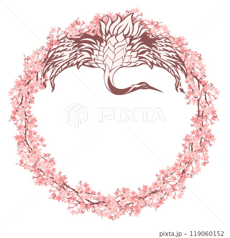 japanese crane bird with spread wings inside round vector frame with cherry blossom 119060152
