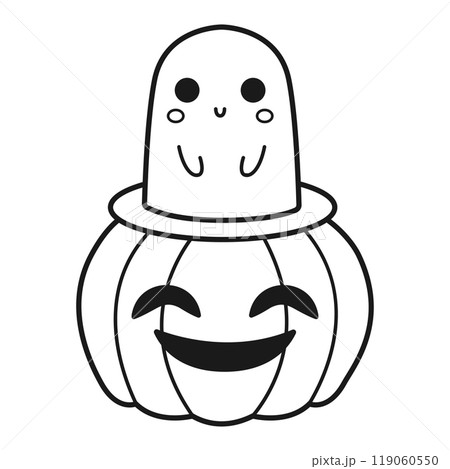 Cute ghost and pumpkin. Coloring page. Halloween print. Vector illustration Cute ghost and pumpkin. Coloring page. Halloween print. Vector illustration 119060550