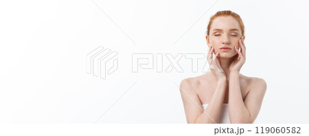 Beauty Woman. Beautiful Young Female touching Her Skin. Portrait isolated on White Background. Healthcare. Perfect Skin. Beauty Face 119060582