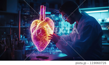 A doctor analyzes the hologram of a human heart. The concept highlights the integration of modern medical technology in healthcare and diagnostics. Generative AI. 119060726