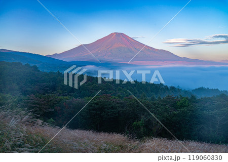 【山梨県】朝の山中湖パノラマ台から望む、湖上の雲海と富士山 【山梨県】朝の山中湖パノラマ台から望む、湖上の雲海と富士山 119060830