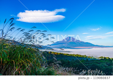 【山梨県】朝の山中湖パノラマ台から望む、湖上の雲海と富士山 119060837
