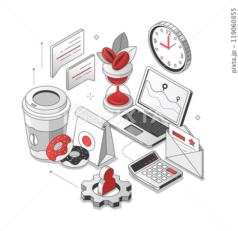 Lunch break - black and red isometric line illustration Lunch break - black and red isometric line illustration 119060855