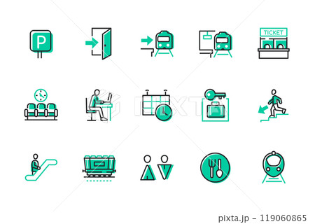 City station and transport - set of line design style icons City station and transport - set of line design style icons 119060865