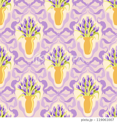 Vector seamless floral vintage pattern with lilac decorative bows and flowers in vases on light background 119061007