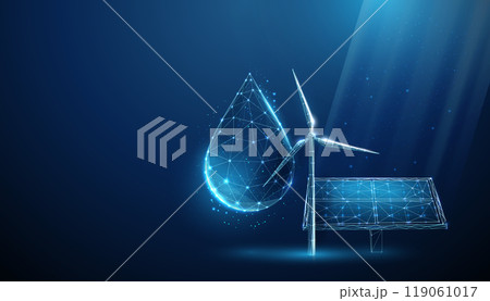 Abstract blue solar panel, wind turbine and drop of water. Renewable power generation, green energy concept. Alternative source of energy. Abstract blue solar panel, wind turbine and drop of water. Renewable power generation, green energy concept. Alternative source of energy. 119061017