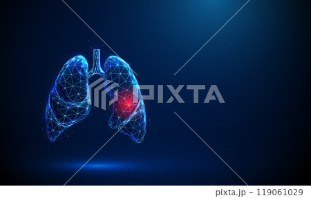 Abstract blue human lungs with red circle inside. Lungs anatomy. Lung disease, diagnosis, treatment, healthcare medical concept. Low poly. Abstract blue human lungs with red circle inside. Lungs anatomy. Lung disease, diagnosis, treatment, healthcare medical concept. Low poly. 119061029