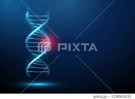 Blue 3d DNA molecule helix with red spot. DNA damage, gene editing, genetic mutation, genetic biotechnology engineering concept. Low poly futuristic style 119061031