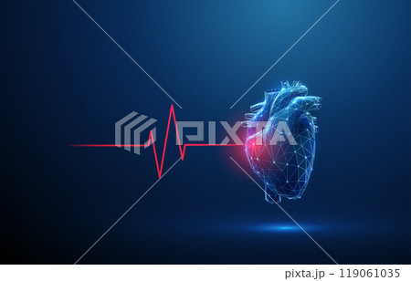 Abstract blue human heart with red cardio pulse line and red circle. Healthcare medical concept 119061035