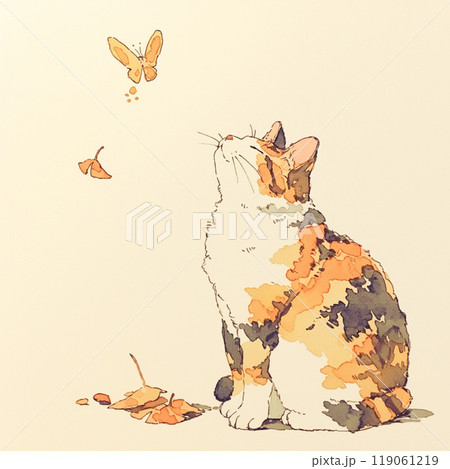 秋の風景と蝶と猫のイラスト素材 [119061219] - PIXTA