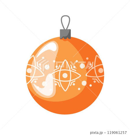 Golden Christmas tree ball with intricate white patterns in cartoon style. Perfect for holiday decor, festive design, greeting card or seasonal project. 119061257
