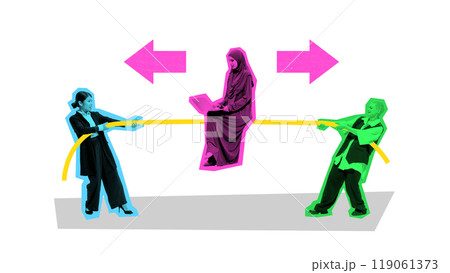 Poster. Contemporary art collage. Businesswomen pull opposite directions on rope while Muslim woman works calmly on laptop. 119061373