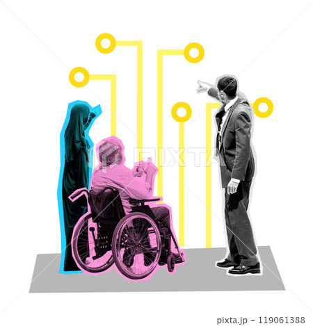 Poster. Contemporary art collage. Man in wheelchair presents data to his colleagues, with bright lines representing technological growth and teamwork. Poster. Contemporary art collage. Man in wheelchair presents data to his colleagues, with bright lines representing technological growth and teamwork. 119061388