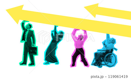 Poster. Contemporary art collage. Group of professionals lifting arrows together, symbolizing collective growth and power of teamwork in diverse workforce. Poster. Contemporary art collage. Group of professionals lifting arrows together, symbolizing collective growth and power of teamwork in diverse workforce. 119061419