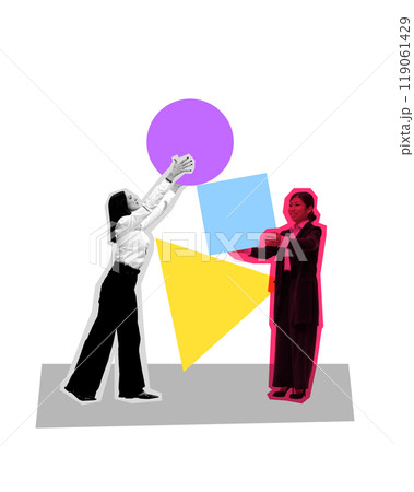 Poster. Contemporary art collage. Two women from different cultural backgrounds exchanging ideas, symbolized by geometric shapes, showcasing creative problem-solving. Poster. Contemporary art collage. Two women from different cultural backgrounds exchanging ideas, symbolized by geometric shapes, showcasing creative problem-solving. 119061429