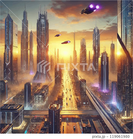 Futuristic City Skyline at Sunset with Neon Lights, Advanced Technology, and Spacecraft - A Vibrant Vector Illustration of a High-Tech Urban Metropolis. AI Generated. 119061980