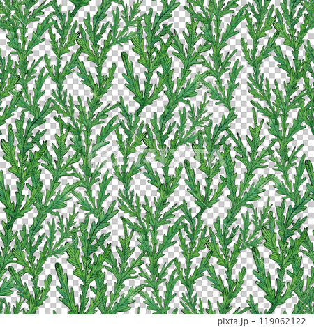 Seamless pattern of chamomile leaves in green tones. Watercolor illustration with detailed, hand-painted foliage, and greenery. Naive, nature-inspired, for fabric prints, and botanical projects 119062122