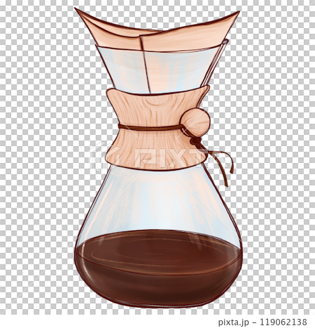 Pour-over coffee maker chemex with a wooden collar and glass body. Digital illustration in a hand-drawn style with soft colors and textures. Ideal for coffee-theme, cafe branding, and kitchen decor Pour-over coffee maker chemex with a wooden collar and glass body. Digital illustration in a hand-drawn style with soft colors and textures. Ideal for coffee-theme, cafe branding, and kitchen decor 119062138