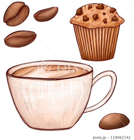 Digital illustration of a coffee cup with a latte, surrounded by coffee beans and a muffin. Hand-drawn cappuccino in warm tones, perfect for cafe-theme design, menu, print, or food-related projects Digital illustration of a coffee cup with a latte, surrounded by coffee beans and a muffin. Hand-drawn cappuccino in warm tones, perfect for cafe-theme design, menu, print, or food-related projects 119062142