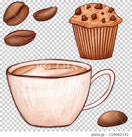 Digital illustration of a coffee cup with a latte, surrounded by coffee beans and a muffin. Hand-drawn cappuccino in warm tones, perfect for cafe-theme design, menu, print, or food-related projects Digital illustration of a coffee cup with a latte, surrounded by coffee beans and a muffin. Hand-drawn cappuccino in warm tones, perfect for cafe-theme design, menu, print, or food-related projects 119062142