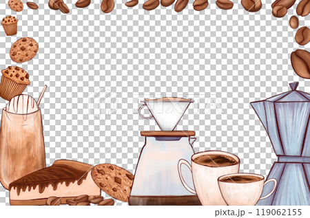 Coffee-theme frame featuring coffee cups, beans, and brewing equipment, along with desserts like muffins and cakes hand drawn. Creates a cozy atmosphere, perfect for cafe menus, posters and design 119062155
