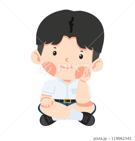 Cartoon of a boy resting his chin on his hand 119062342