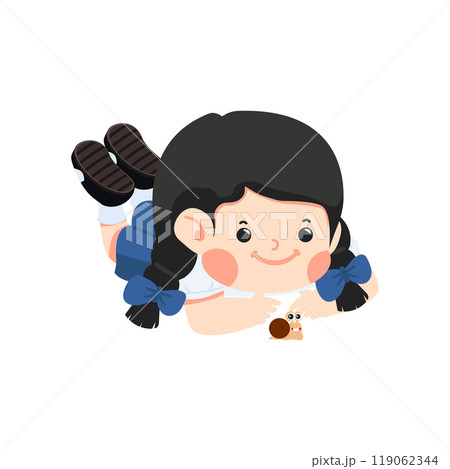 Kid girl watching snail on ground 119062344
