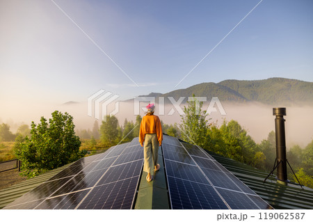Walking on Solar Panels: Morning Mist and Mountain View 119062587