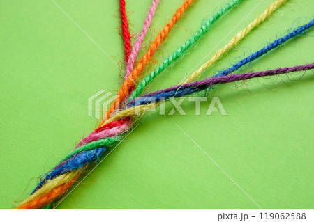 Rope twisted from multicolored threads. Unity and diversity. 119062588