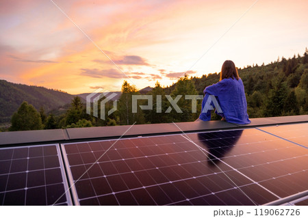 Rooftop with solar panels on house in mountains, Rooftop with solar panels on house in mountains, 119062726