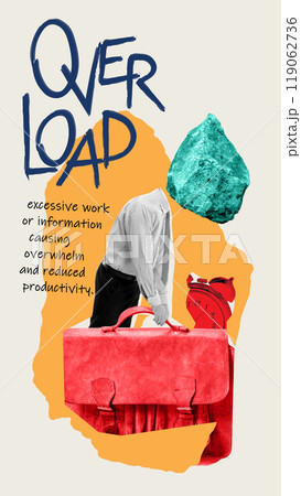 Contemporary art collage. Person with oversized briefcase and large rock instead of head. Symbolizing being overwhelmed by work or information. Contemporary art collage. Person with oversized briefcase and large rock instead of head. Symbolizing being overwhelmed by work or information. 119062736