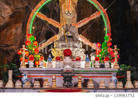 Buddhist temple with statues and sanctuary inside Am Phu Cave in Marble Mountains in Da Nang in Vietnam in Asia Buddhist temple with statues and sanctuary inside Am Phu Cave in Marble Mountains in Da Nang in Vietnam in Asia 119062752