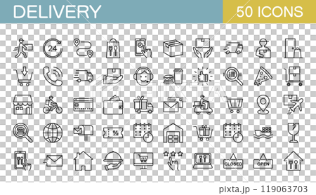 Icon set related to delivery such as parcel delivery and food delivery Icon set related to delivery such as parcel delivery and food delivery 119063703