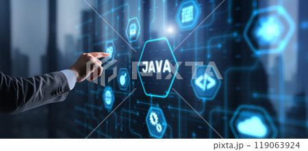 Businessman clicks Java programming language application concept on virtual screen Businessman clicks Java programming language application concept on virtual screen 119063924