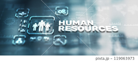 HR human resources technology. Online and modern technologies virtual screen mixed media double exposure 119063973