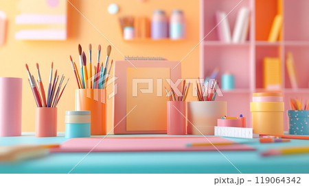 vibrant art studio with colorful supplies, including brushes, pencils, and paper 119064342