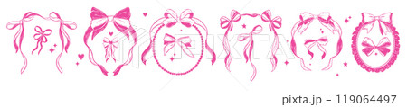 Pink ribbon frame set, cute vector coquettish bow, girly wedding border kit, elegant greeting design Pink ribbon frame set, cute vector coquettish bow, girly wedding border kit, elegant greeting design 119064497
