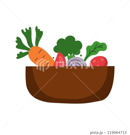 Illustration of wooden bowl filled with fresh vegetables simple doodle style 119064715