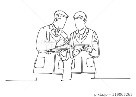 Single one line drawing smart couple doctor discussing patient record on tablet to right treatment. Male and female medical health care service. Continuous line draw design graphic vector illustration Single one line drawing smart couple doctor discussing patient record on tablet to right treatment. Male and female medical health care service. Continuous line draw design graphic vector illustration 119065263