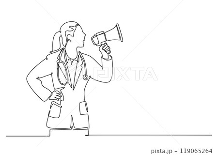 Single one line drawing female doctor announced important information to the patient using loudspeaker megaphone. Medical health worker concept. Continuous line draw design graphic vector illustration Single one line drawing female doctor announced important information to the patient using loudspeaker megaphone. Medical health worker concept. Continuous line draw design graphic vector illustration 119065264