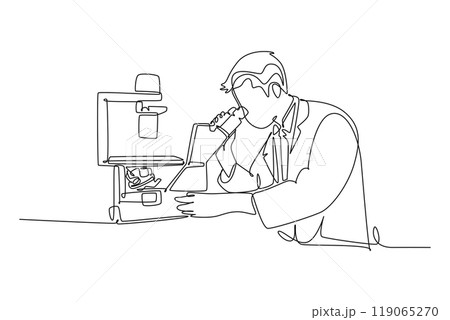 Continuous one line drawing of male scientist analyze corona virus cause covid 19 disease using laboratory microscope. Coronavirus medical research. Single line draw design vector graphic illustration Continuous one line drawing of male scientist analyze corona virus cause covid 19 disease using laboratory microscope. Coronavirus medical research. Single line draw design vector graphic illustration 119065270
