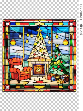 ステンドガラス風クリスマスの夜のお部屋に飾られたクリスマスツリーの